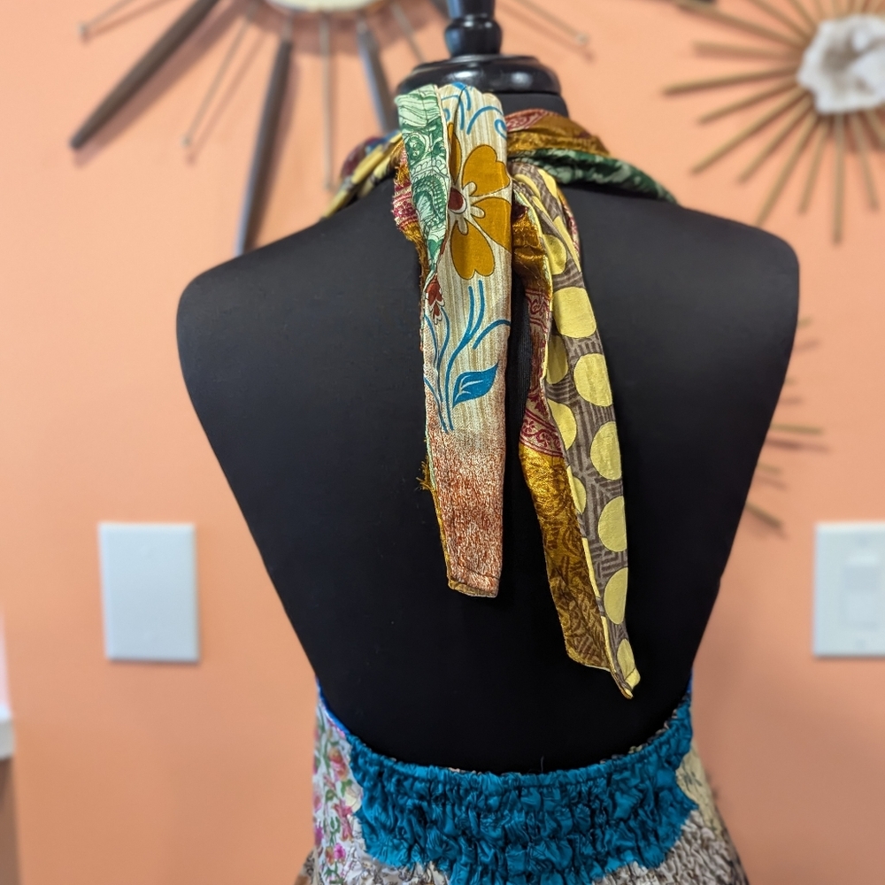 Bohenian Jack Pot Silk Multicolor Patchwork Halter Dress Maxi Festival - Picture 12 of 16